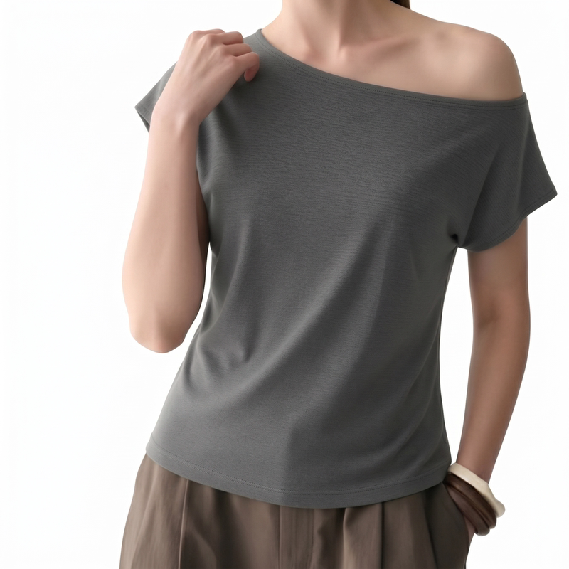 Basilbit Affordable Alternative to Big Brands Xf0203 Wool-Cotton Short Flutter Sleeve Summer Thin Elastic T-Shirt with Slanted Shoulders Basilbit Affordable Alternative to Big Brands Xf0203 Wool-Cotton Short Flutter Sleeve Summer Thin Elastic T-Shirt with Slanted Shoulders