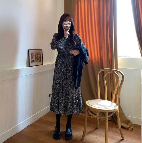 Осеннее шифоновое платье, ретро кардиган, свитер, комплект, 2021 года, цветочный принт, французский ретро стиль