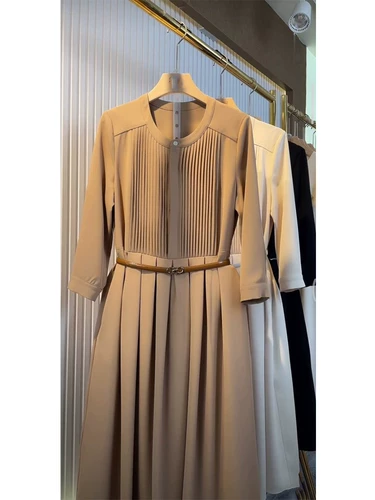 Хаки длинная юбка, летнее платье, летняя одежда, французский стиль, в стиле Шанель, круглый воротник, изысканный стиль