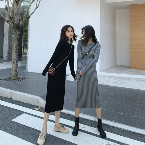 Демисезонное трикотажное платье, длинный свитер, зимняя юбка