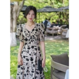 Ретро приталенный корсет, летняя длинная юбка, V-образный вырез, яркий броский стиль, рукава фонарики, цветочный принт