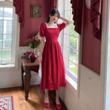 Летняя осенняя ретро дизайнерская красная длинная юбка, платье, французский стиль, тренд сезона, по фигуре, квадратный вырез