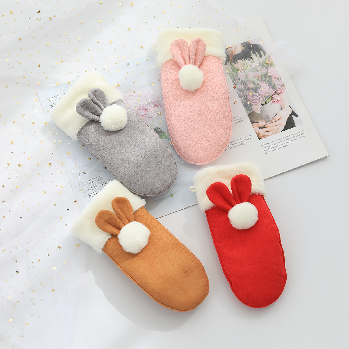 Gloves Women Winter Cute Touch Screen Warm Plus Suede Thickened Imitation Suede Gloves Students Ride Electric Cars Autumn And Chill