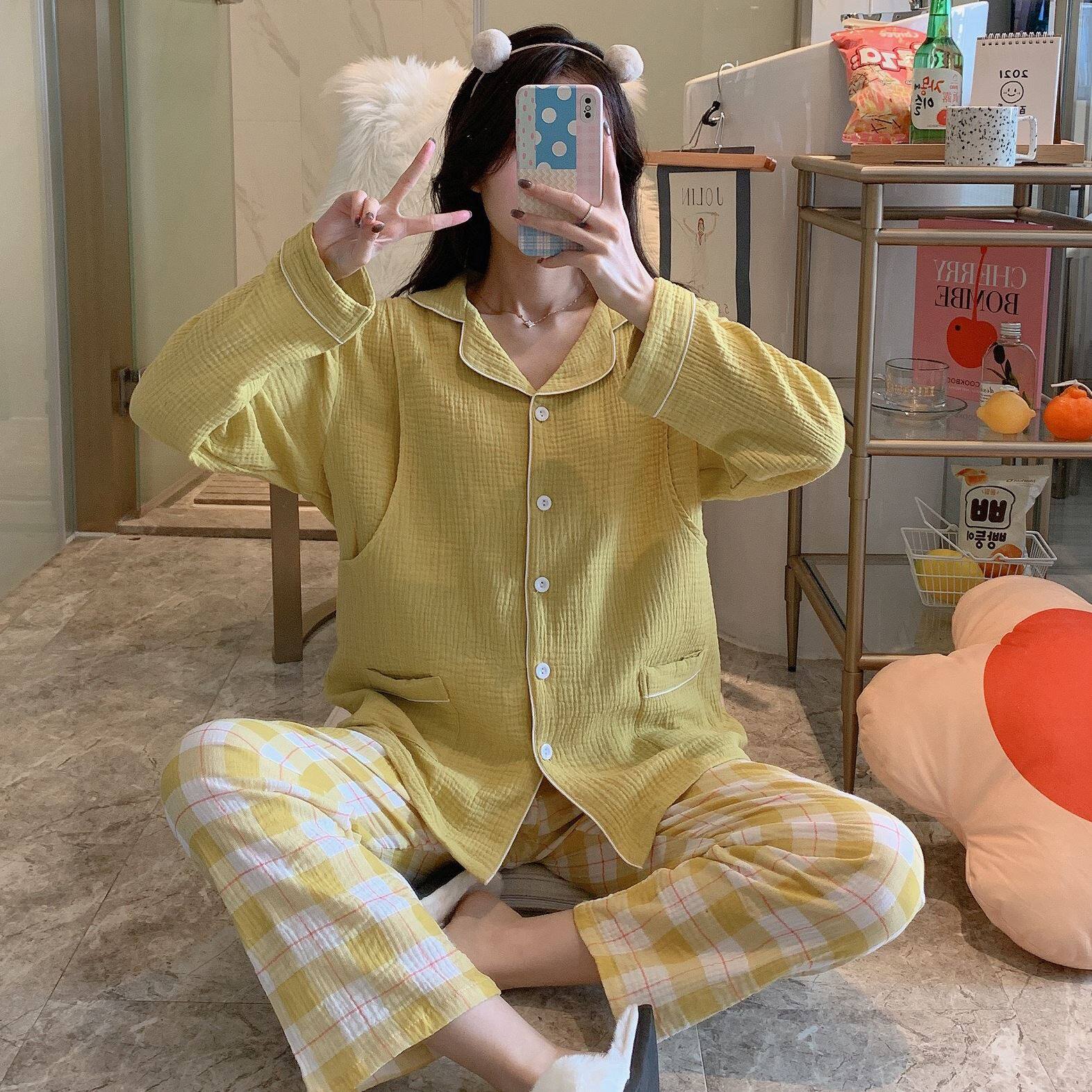Spring and autumn thin cotton gauze confinement clothing summer maternity pajamas postpartum feeding long-sleeved large size sweat-absorbing and breathable