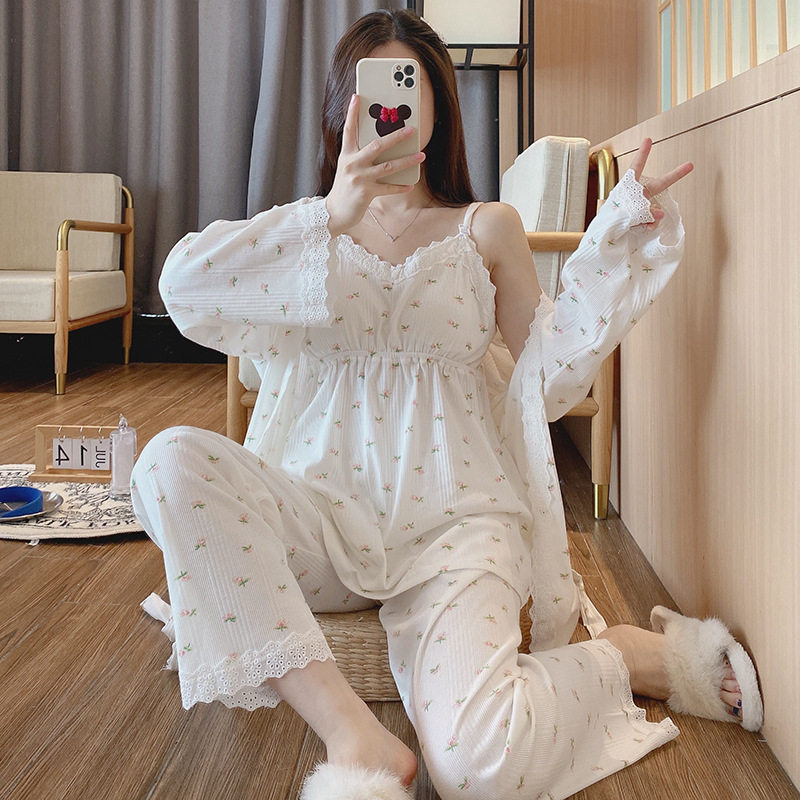 Confinement clothes with chest pad pregnant women pajamas three-piece spring and autumn models of pure cotton maternity breastfeeding summer breastfeeding clothes during pregnancy