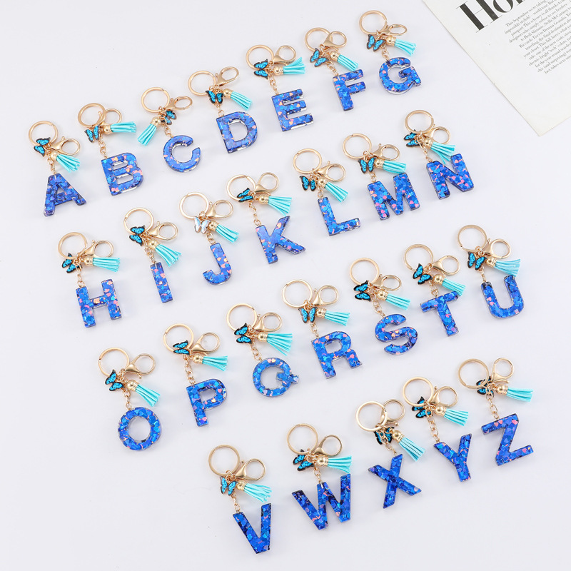 Letter Sequin Keychain Blue Butterfly Tassel Jewelry Resin Accessories 26 Letter Keychain Decorative Gift