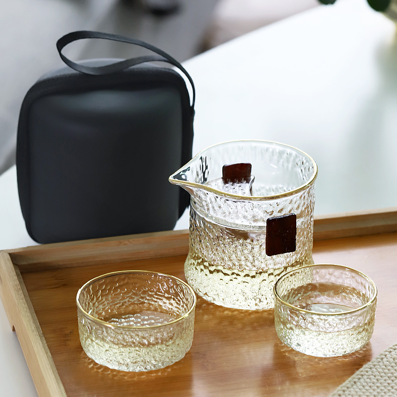 Glass travel Gongfu tea furniture set portable bag quick passenger accompanying cup one-pot-two-cup anti-burn-out cup tea pot