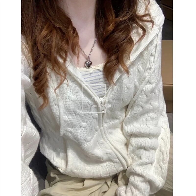 Bm Milk White Cable Knit Hooded Cardigan Top for Women, Bm Autumn and Winter Inner Layer Zipper Sweater Short Jacket for Petite Women