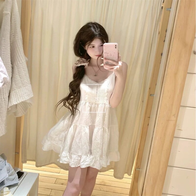 Bm Beautiful White Lace Suspender Dress Summer Bm Small Waist Seaside Vacation Skirt Small White Skirt