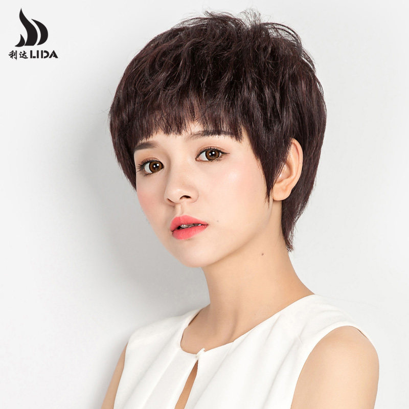 Handloom Real Hair Wig woman short hair short curly hair live-action hair Senile Mom Wig Sleeve Full Head Sleeve Nature