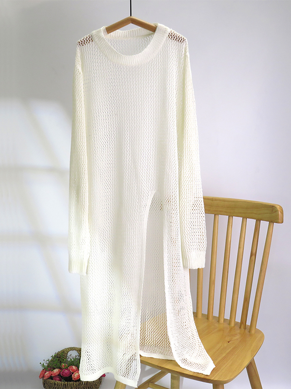 French Layered Style, Slightly See-Through, Lazy Style, Hollow Slit Skirt, Summer Sun Protection Shirt, Thin Mid-Length Pullover Knitwear