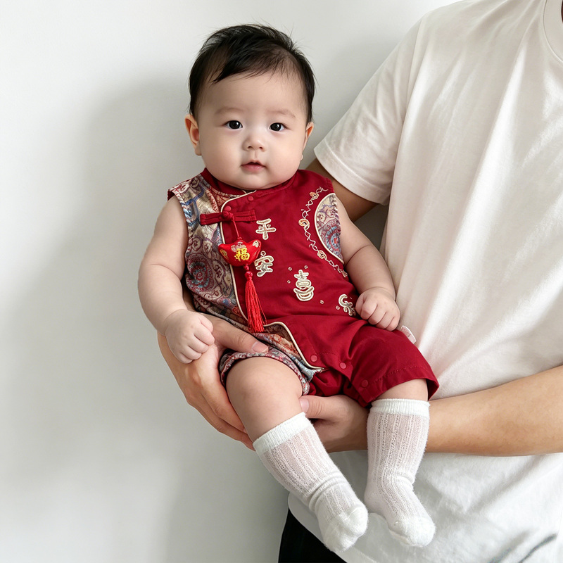 Baby Full-Month Outfit for Boys, Summer Thin Sleeveless Stand-Up Collar Romper, Red Festive Infant Jumpsuit, 100-Day Celebration Outfit Baby Full-Month Outfit for Boys, Summer Thin Sleeveless Stand-Up Collar Romper, Red Festive Infant Jumpsuit, 100-Day Celebration Outfit