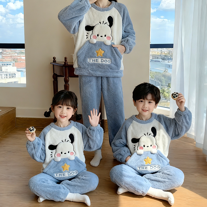 Cartoon Puppy Children's Pajamas for Girls 2025 New Set Autumn and Winter Coral Fleece Thickened Warm Parent-Child Outfit Loungewear