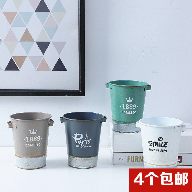 Retro to make old multi-meat flowerpots small iron art plant Potted flower barrel Desktop containing pen holder flower shop minimalist basin