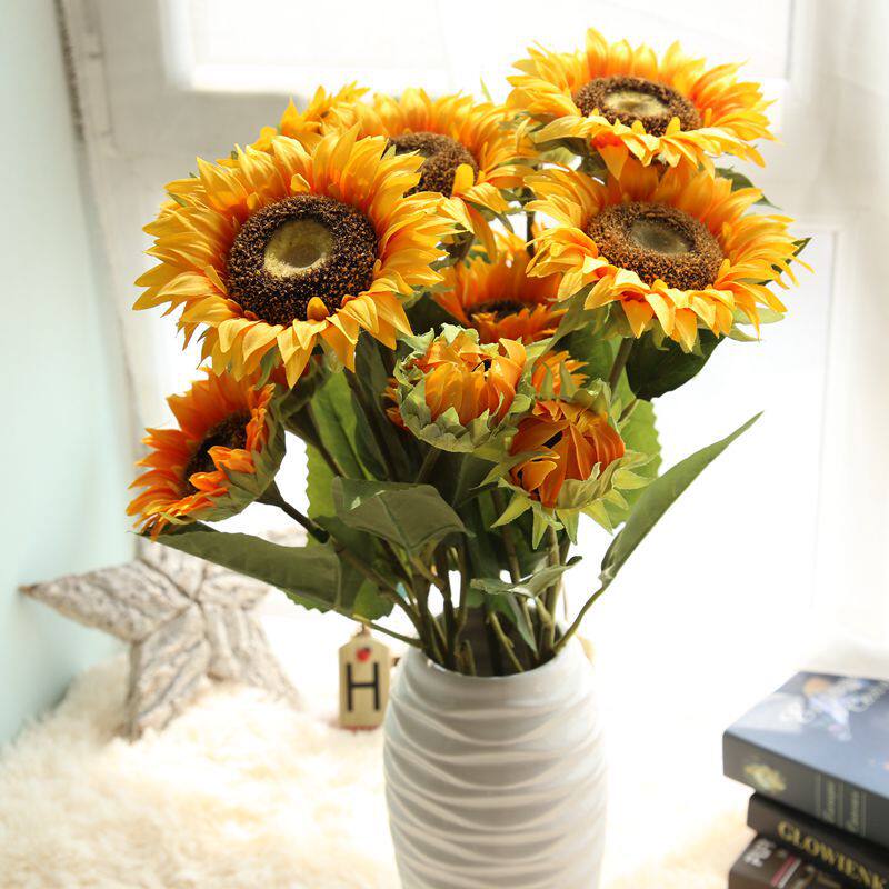 3-head emulated sunflower Sunflower Long Pole Shihi Emulation Flower Fake Flower Family Residence Decoration Living Room Floor Placement Flowers