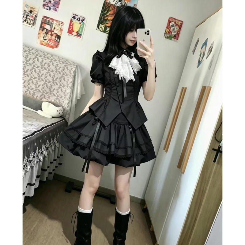 【Gothic Dream】Japanese Gothic Dark Lolita Outfit Short Sleeve Shirt Puff Skirt Sweet Cool Two-Piece Set