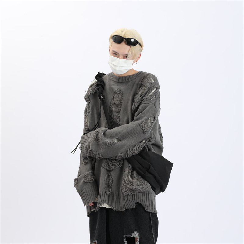 Maxdstr Subculture Ripped Hollow-Out Fake Two-Piece Reversible Knit Sweater Men's Heavy-Duty Lazy Style Jacket Sweater