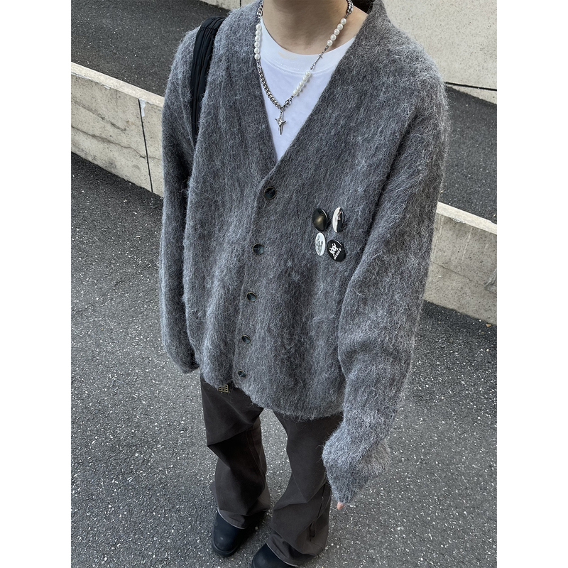 Maxdstr Brooch Badge Button Cardigan Sweater Knitwear Unisex Lazy Style Solid Color Autumn and Winter Wool Coat