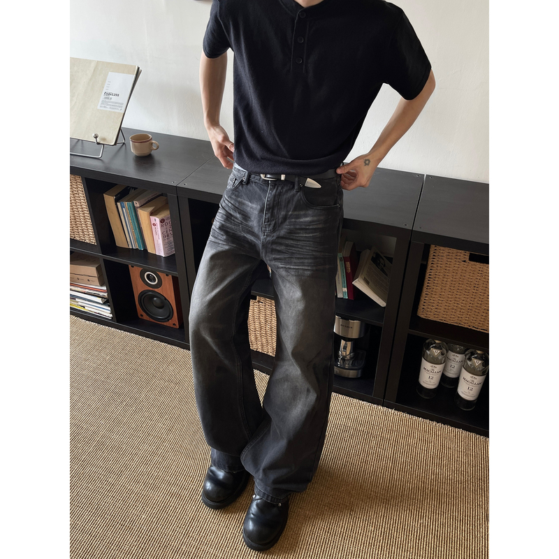 Maxdstr Messy Water Ripple Pleated Distressed Washed Straight-Leg Jeans Unisex Cleanfit Long Pants Trendy