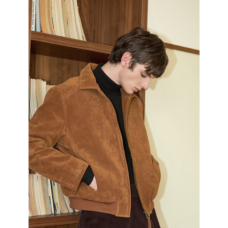 Maxdstr Short Slim Fit Lapel Brown Cleanfti Suede Retro Jacket