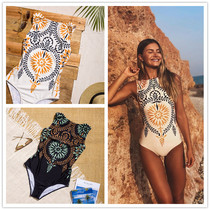 2018 new retro printed bikini one-piece swimsuit female one-piece swimsuit European and American sexy bikini