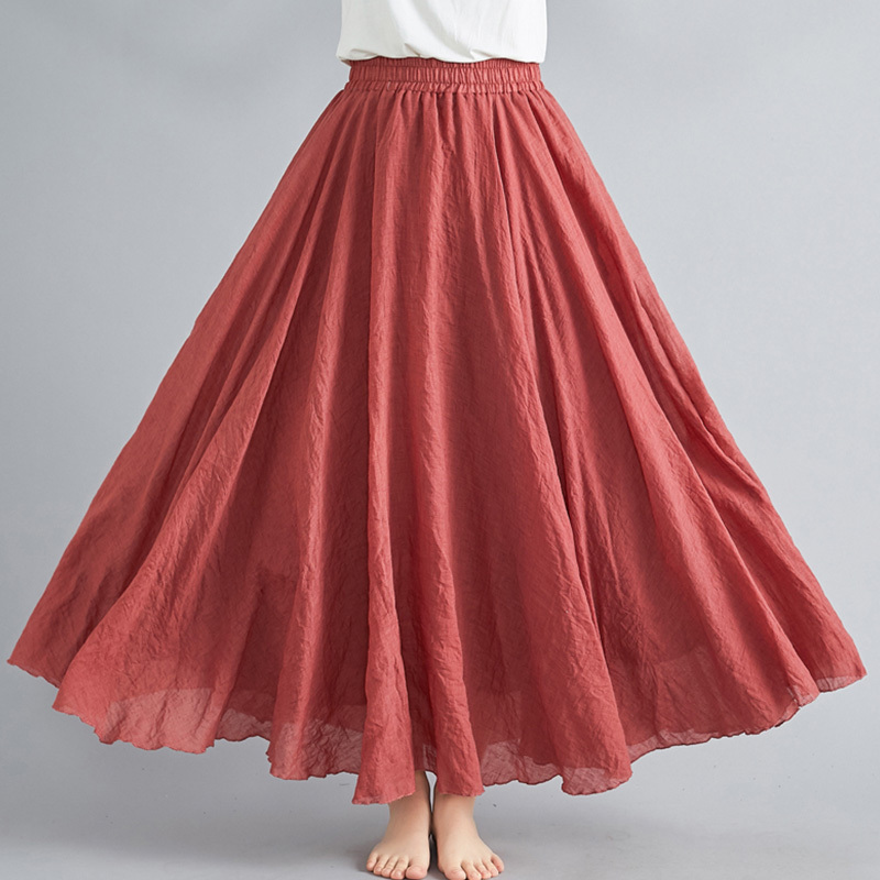 Summer New Style Artistic Loose Large Size Cotton and Linen Half Skirt with Elastic Waist A-Line Long Skirt Solid Color Pleated Large Hem Skirt Summer New Style Artistic Loose Large Size Cotton and Linen Half Skirt with Elastic Waist A-Line Long Skirt Solid Color Pleated Large Hem Skirt