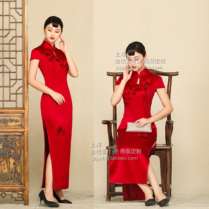 Decapitated wine red solid homoeroy embroidered bridal Toast Wedding Qipao Gown handmade qipao can be long sleeves