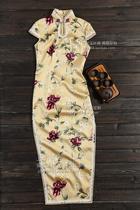  Girl beige silk printing Cute lace edge half sleeve long cheongsam Shanghai master handmade custom cheongsam