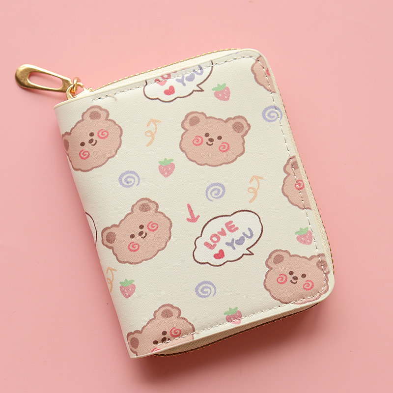 ins Trendy Cute Cartoon Bear Coin Purse Children's Girls' Student Zipper Short Wallet Card Holder Leather Wallet