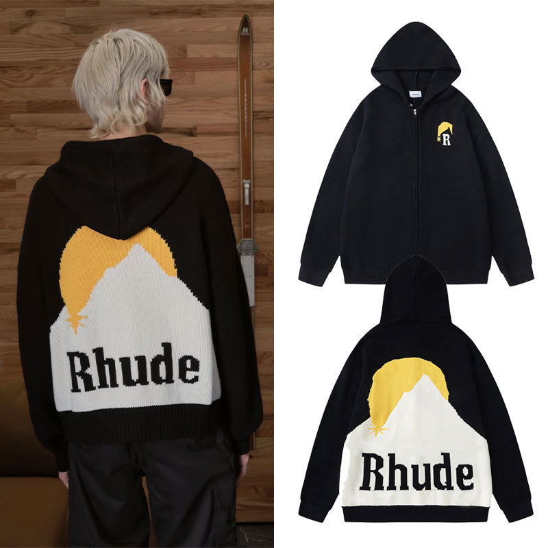 Rhude American-Style Letter Jacquard Hooded Cardigan Jacket High Street Retro Loose Sweater High-End Knitwear Trendy