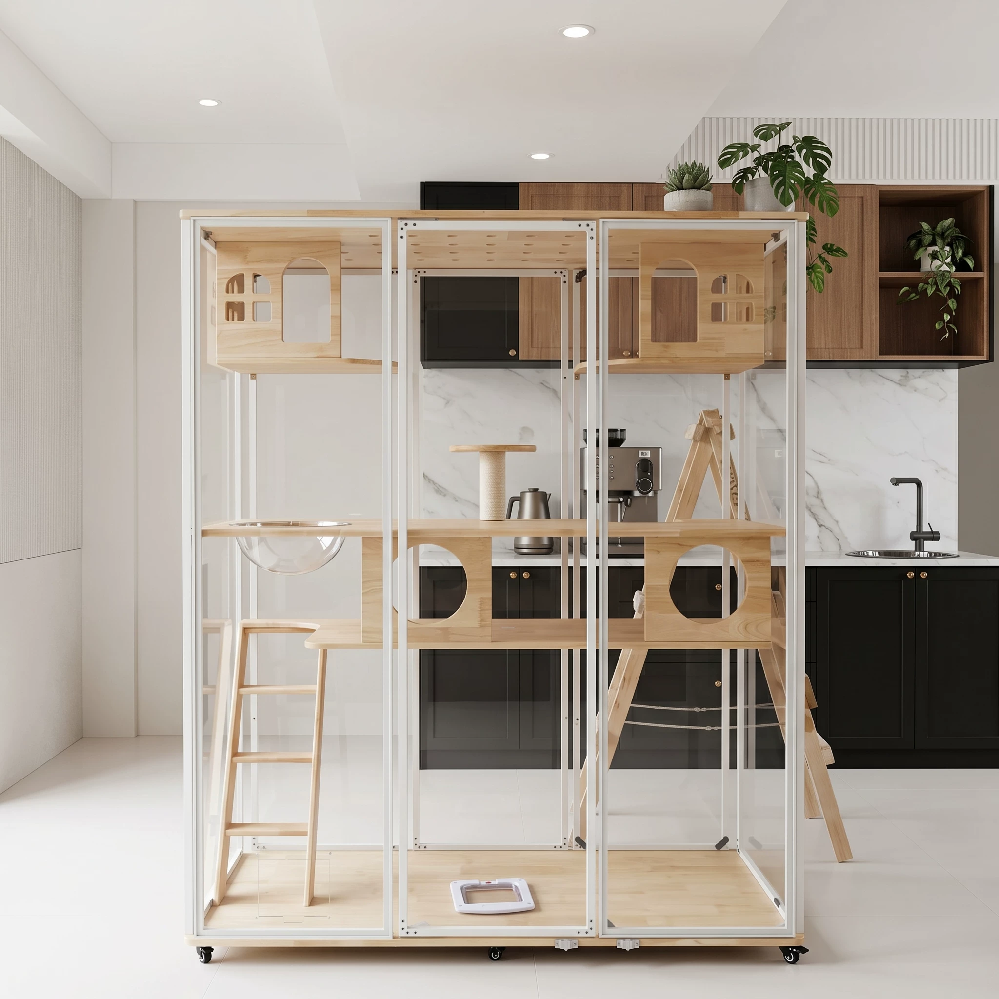 Панорамный домик-кошатник из цельного дерева для котов, уютное indoor-кошачье жилище с роскошным стеклянным домиком, трехуровневый клеточный приют для кошек