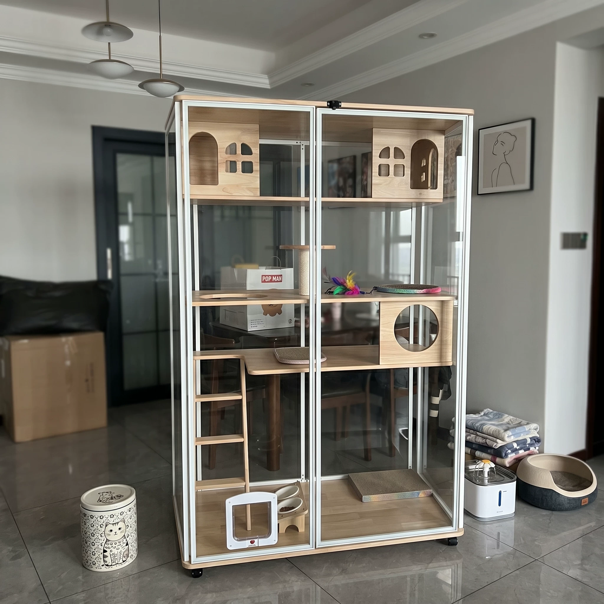 Панорамный домик-кошатник из цельного дерева для котов, уютное indoor-кошачье жилище с роскошным стеклянным домиком, трехуровневый клеточный приют для кошек