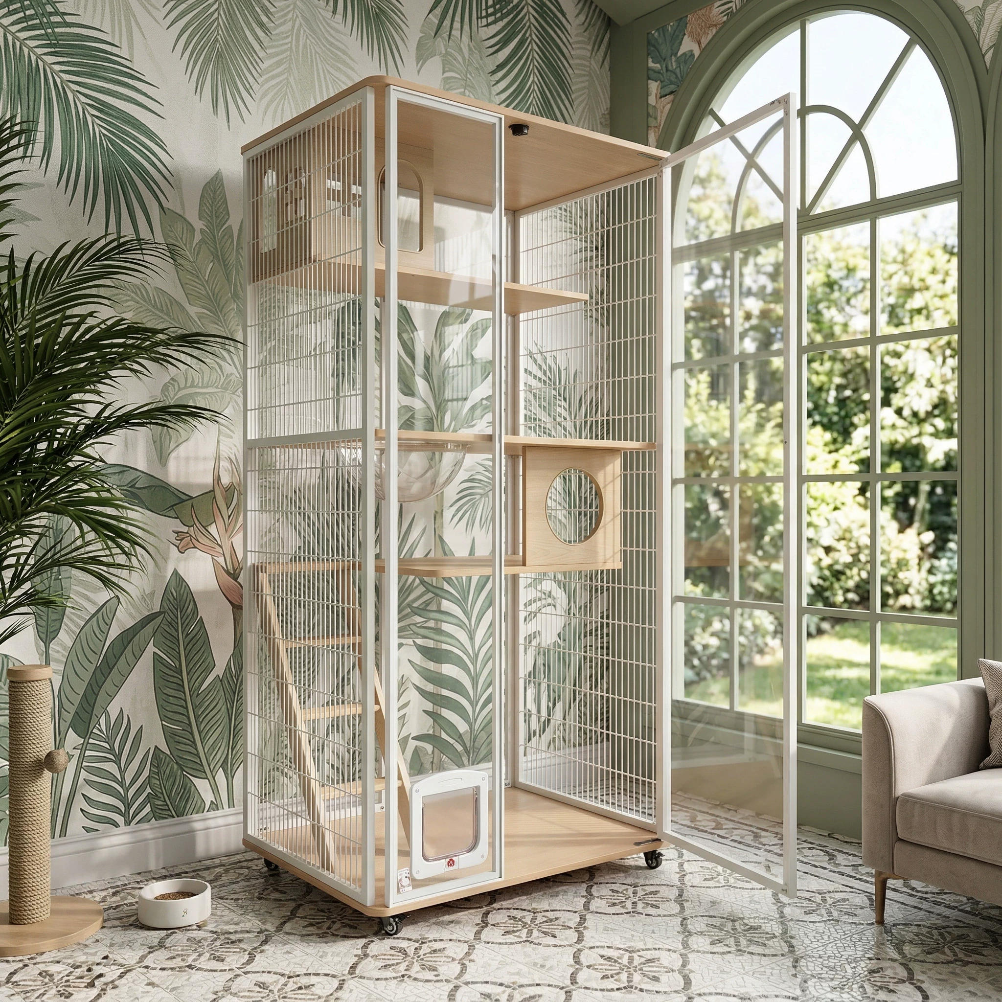 Панорамный домик-кошатник из цельного дерева для котов, уютное indoor-кошачье жилище с роскошным стеклянным домиком, трехуровневый клеточный приют для кошек