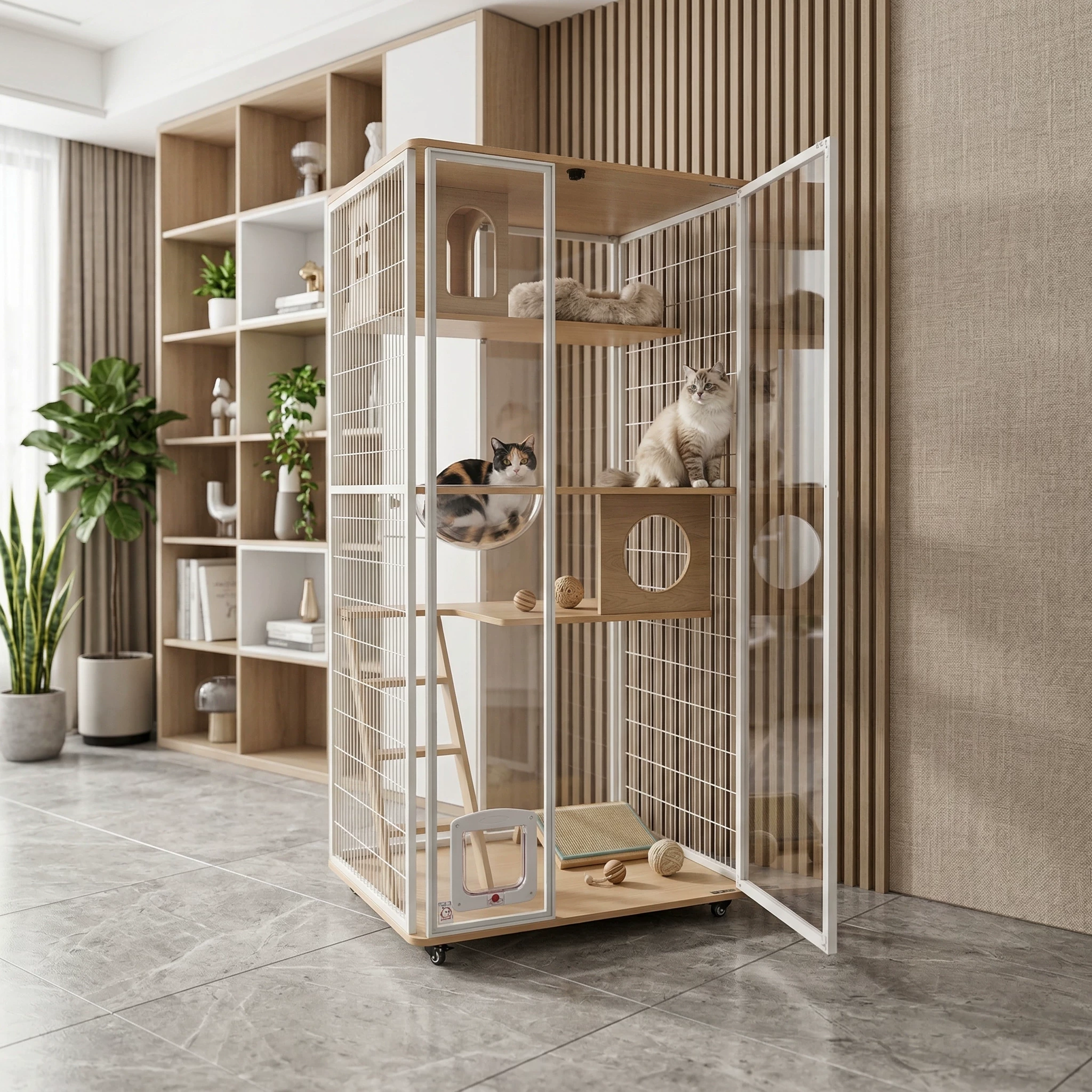 Панорамный домик-кошатник из цельного дерева для котов, уютное indoor-кошачье жилище с роскошным стеклянным домиком, трехуровневый клеточный приют для кошек