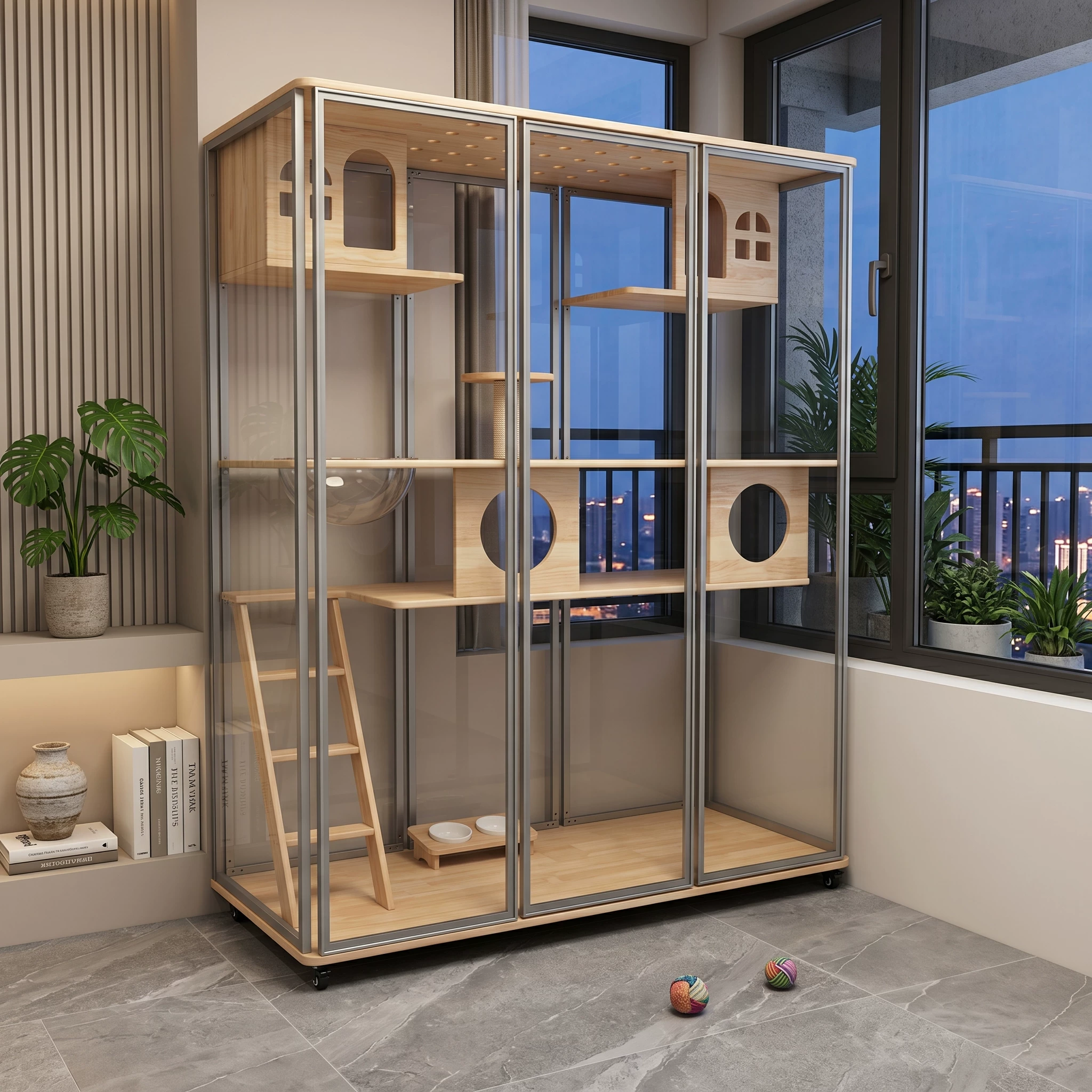 Панорамный домик-кошатник из цельного дерева для котов, уютное indoor-кошачье жилище с роскошным стеклянным домиком, трехуровневый клеточный приют для кошек