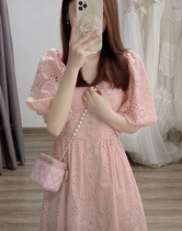 2024 new French light luxury and high-end temperament pink v-neck dress hollow lace a-line long skirt for women summer
