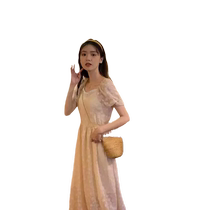 French square neckline waist slimming and elegant goddess dress socialites small fragrant style salty or sweet temperament long skirt
