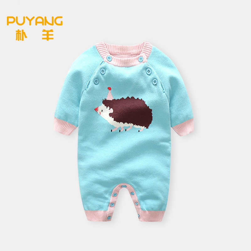 Baby autumn clothes female 0-1 baby jumpsuit spring and autumn net red romper knitted baby sweater romper outing clothes