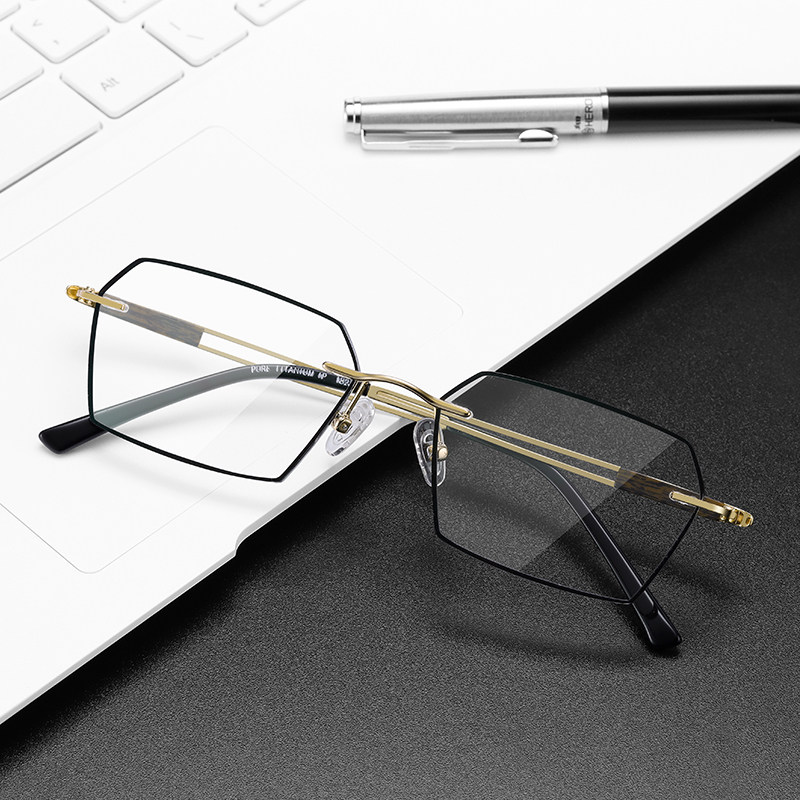 Colour-changing no-frame glasses male ultralight pure titanium anti-blue light diamond cut edge spectacle frame can be worthy of a finished fitting mirror