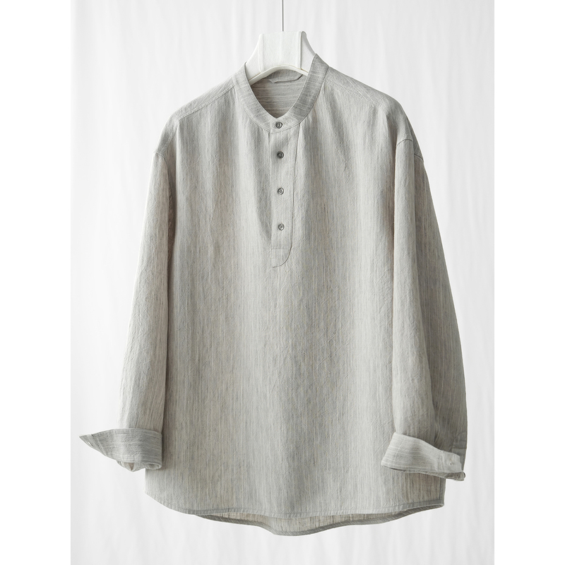 Ma·Fu Belgian Original Linen Yarn-Dyed Shirt, Elegant and Sophisticated Henry Collar Top for Summer