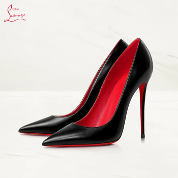 Lasanye Matte Black Sheepskin Pattern Leather Cl Red Sole High Heels Stiletto Shallow Mouth Genuine Leather Patent Leather Pointed Toe Single Shoes for Women