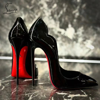 Italian Genuine Leather Lip-Shaped Black Patent Leather Stiletto High Heels, 12cm Wave-Shaped Sexy Single Shoes, Pure Desire Women's Shoes for the Bedroom