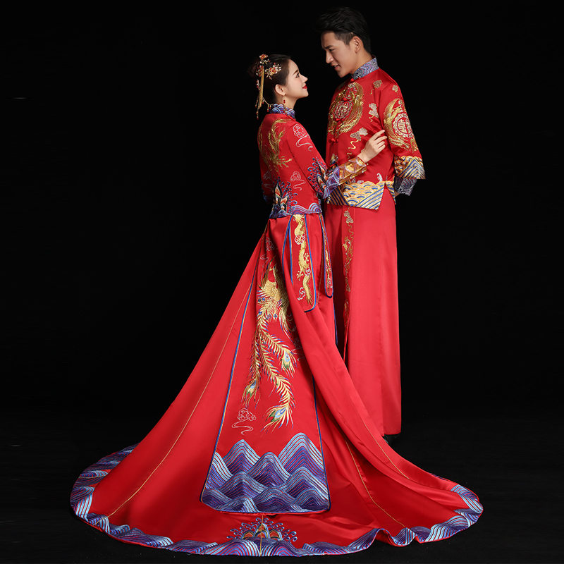 Rental Xiuhe Grandpaner Groom and Bride 2021 New Dragon Tail China Wind Large Blue Couple Show Rental Xiuhe Grandpaner Groom and Bride 2021 New Dragon Tail China Wind Large Blue Couple Show