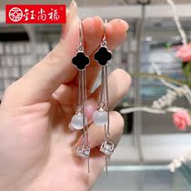 Yushangfu s925 sterling silver long Cats Eye Stone anti-throwing Cube Earrings fashion four leaf grass Net red ear