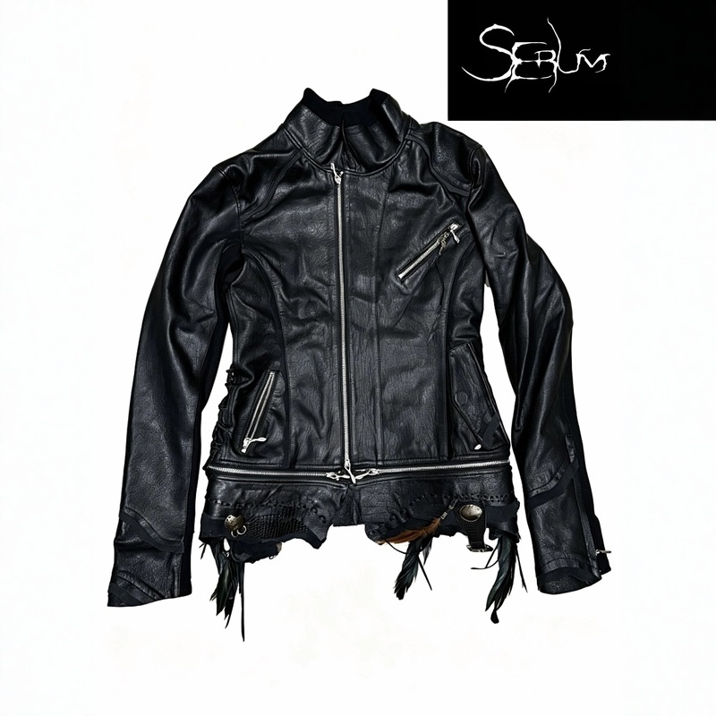 Serum Defeats Beat It Crystal Sheepskin Leather Jacket Gemstone Tassel Feather Lizard Skin Visual Style Military Motorcycle Style