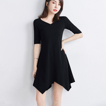 Black French Irregular Design Dress 2021 New Spring and Autumn Fashion Temperament Peach neck V-neck Medium-length dress