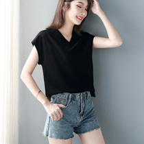 Black V-neck T-shirt womens short sleeves 2021 new womens summer womens loose cotton short coat womens large size T-shirt