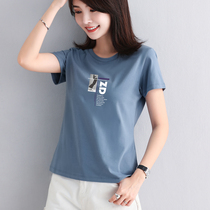 Smog blue short sleeve t-shirt womens summer loose cotton body shirt thin base shirt short top 2021 new T-shirt