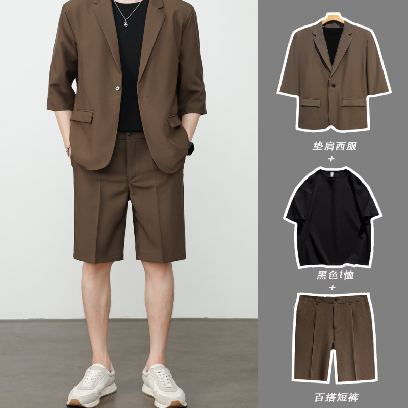 Thin Suit with Short Sleeves and Shorts for Men, Five-Point Shorts, High-End Casual Three-Quarter Sleeve Jacket, Half-Sleeve Suit Set