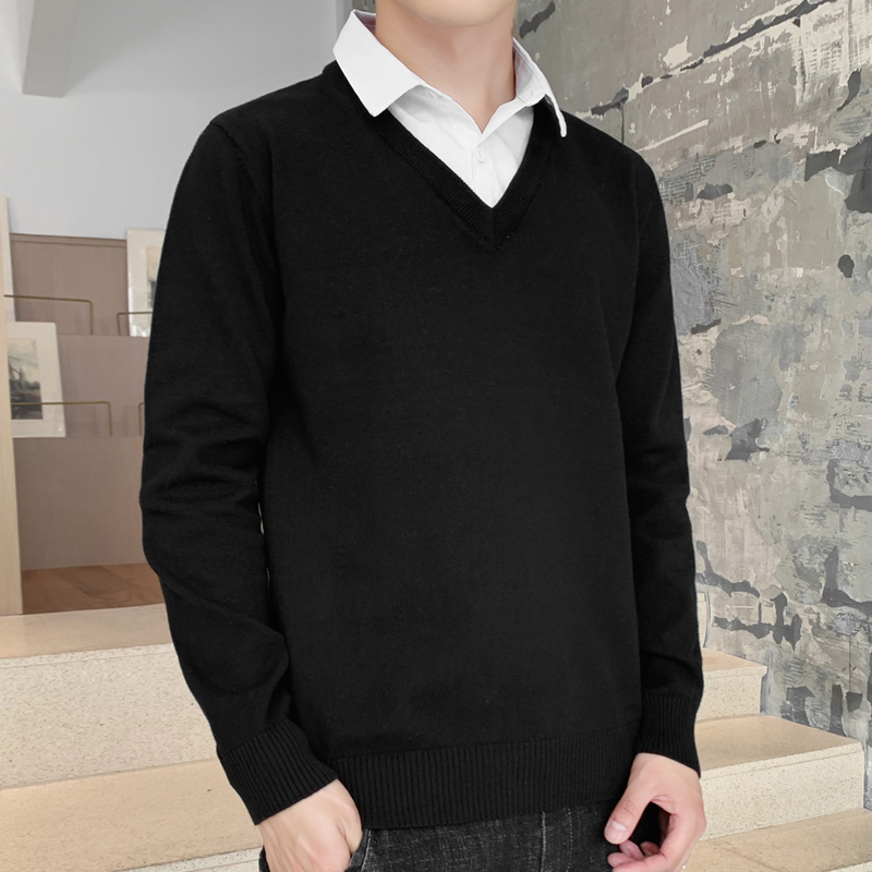 男士毛衣针织衫加绒↑衬衫领假两件套